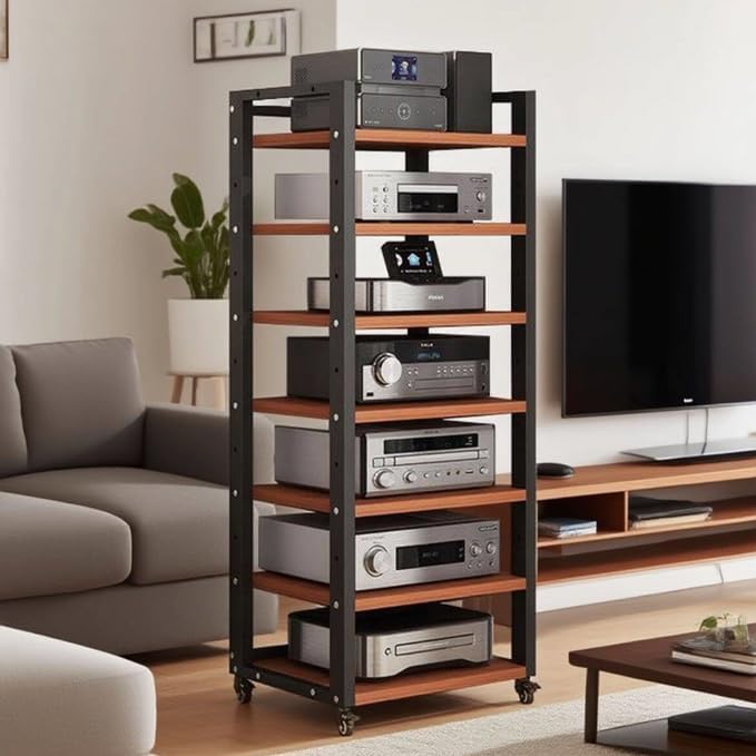 7 Tier Audio Rack Tower, CD Record Player Stereo Receiver AV Equipment Cabinet - Image 4