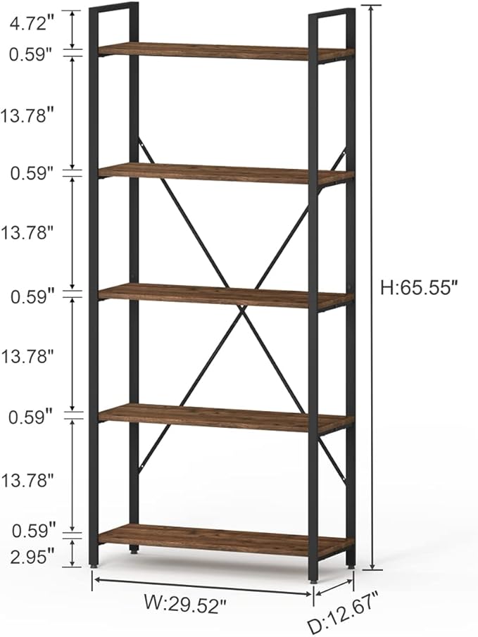 BON AUGURE Industrial Bookshelf, Etagere Bookcases and Book Shelves 5 Tier - Image 2