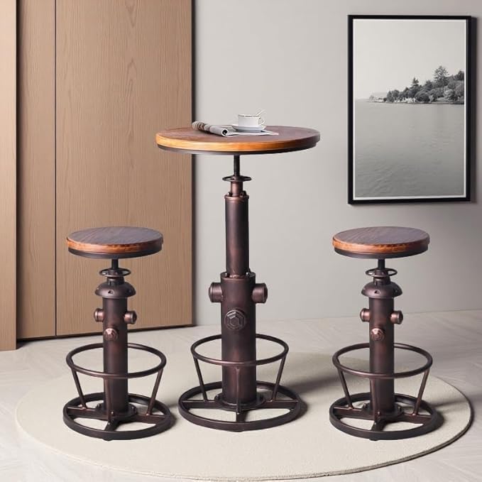 Industrial Bar Table Swivel Round Wooden Top Height Adjustable 38.6-44.4inch - Image 8