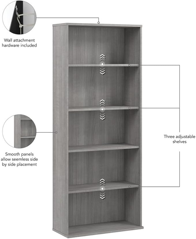 Bush Business Furniture Hustle Tall 5 Shelf Bookcase in Platinum Gray, Large - Image 6