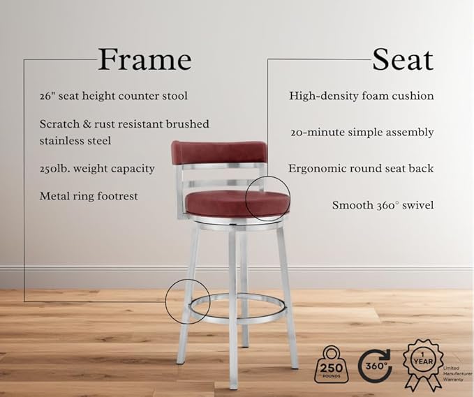Armen Living Madrid 26" Seat Height Swivel Modern Red Faux Leather and Brushed - Image 4