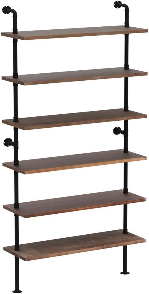6 Tier Industrial Ladder Pipe Shelf Bookcase, Rustic Wall Mounted Pipe - Image 5