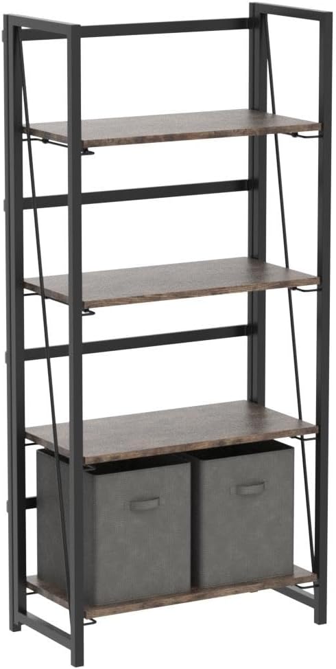 4NM No-Assembly Folding Bookshelf Storage Shelves 4 Tiers Vintage Bookcase - Image 5