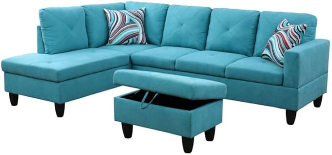 Light Blue L-Shaped 3-Piece Linen Sofa by Unknown