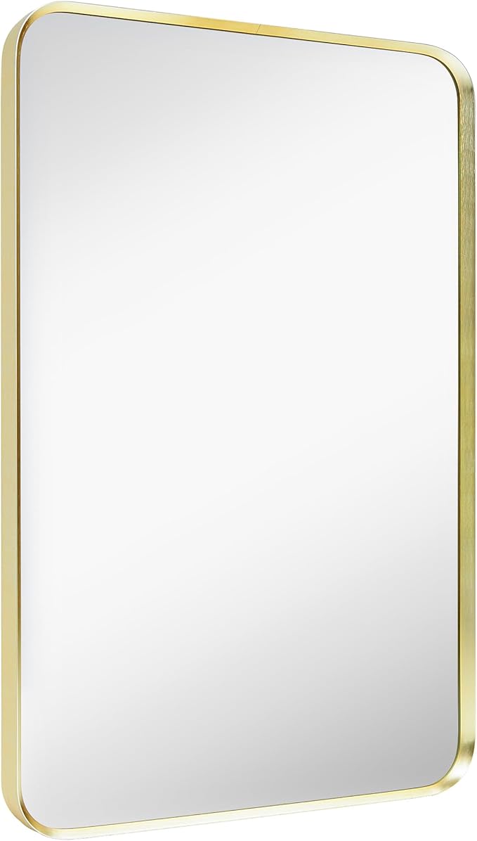 Wall Mount Mirror for Bathroom, Brushed Gold Metal Framed Rounded Corner by Minuover