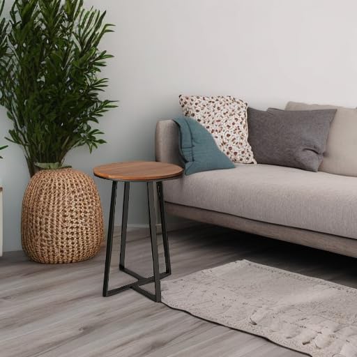 Round End Tables, Small Side Table Walnut Color MDF Top, Metal Frame Black - Image 6
