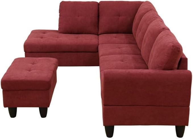 Red L-Shaped 3-Piece Flannel Sofa - Image 8