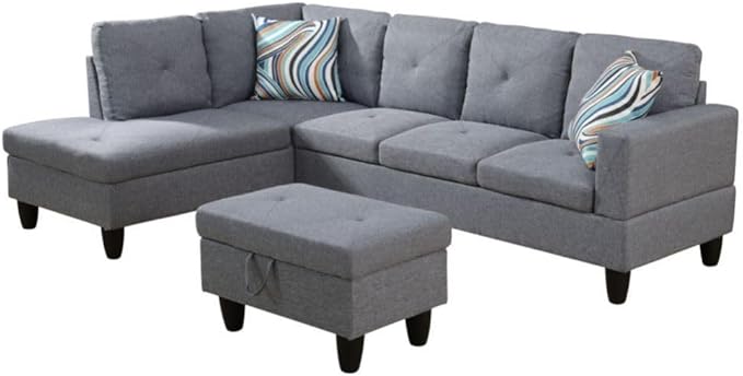 Grey L-Shaped 3-Piece Linen Sofa by Unknown