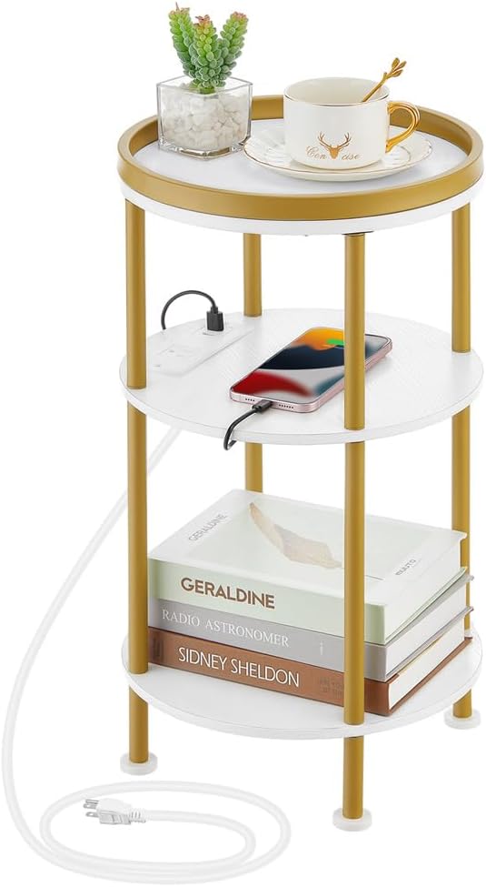 Small Round End Table with Charging Station, 3-Tier Accent Couch Beside Table by Zexvida