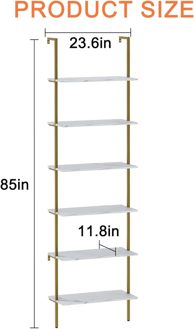 Ladder Shelf 6 Tiers Marble White Modern Bookshelf Open Tall Wall Mount - Image 3