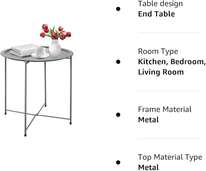 Garden 4 you Folding Tray Metal Side Table 2PC Grey Round End Table Cyan Sofa - Image 9