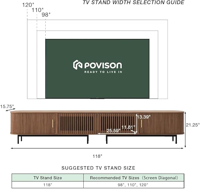 POVISON Sliding Tambour Door TV Stand, Mid Century Modern TV Console, Wood - Image 5