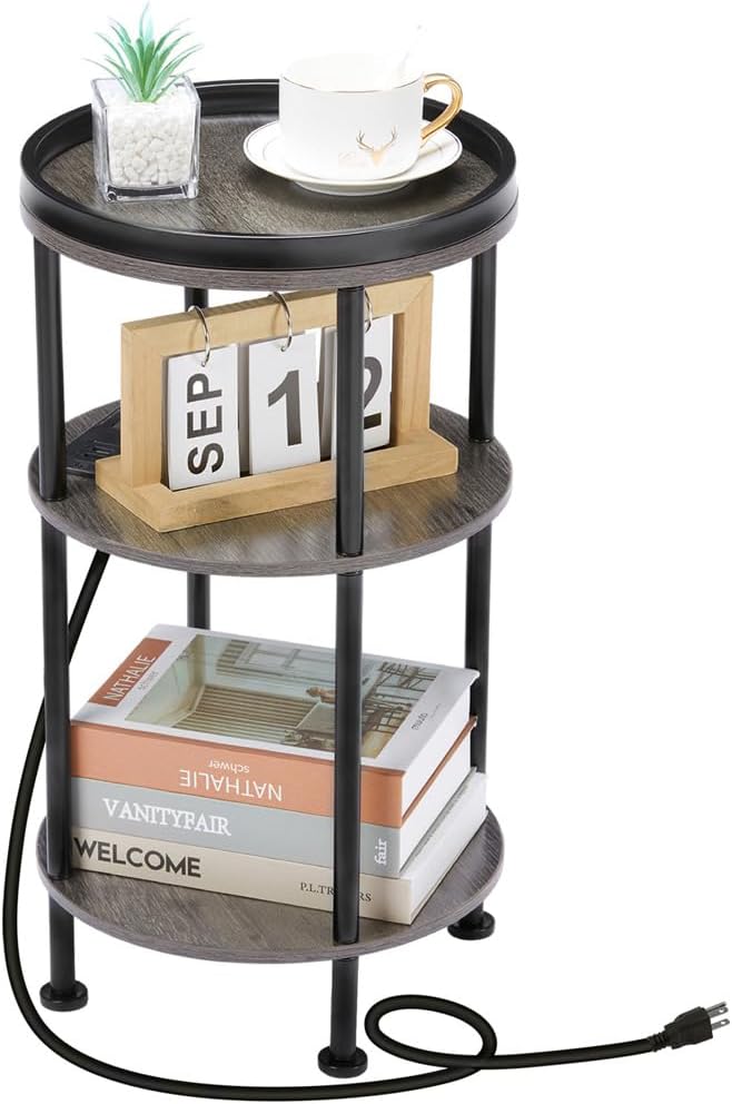 Small Round Side Table with Charging Station by Zexvida