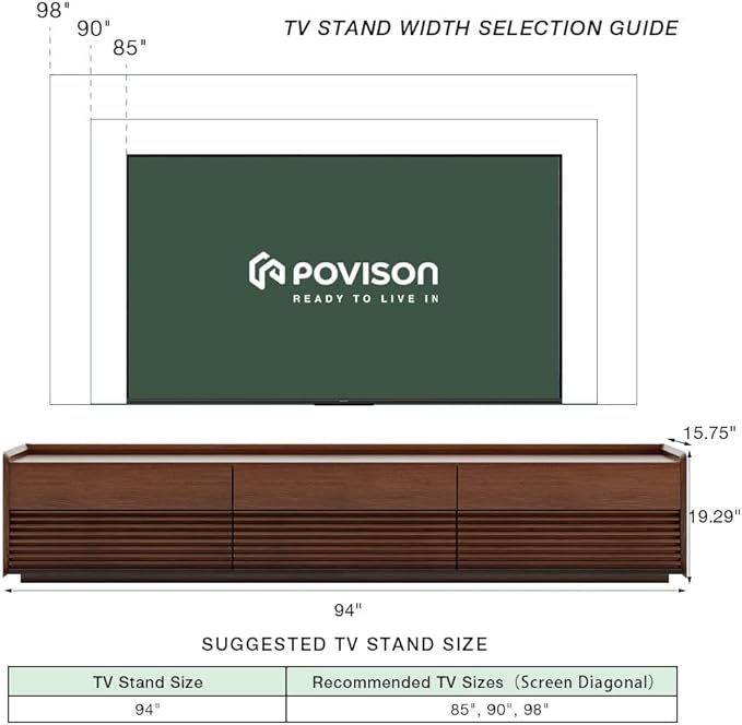 POVISON Fully-Assembled Mid Century Modern TV Stand, 94.49" Wood Media Console - Image 4