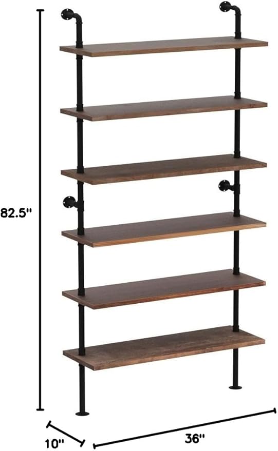 6 Tier Industrial Ladder Pipe Shelf Bookcase, Rustic Wall Mounted Pipe - Image 2