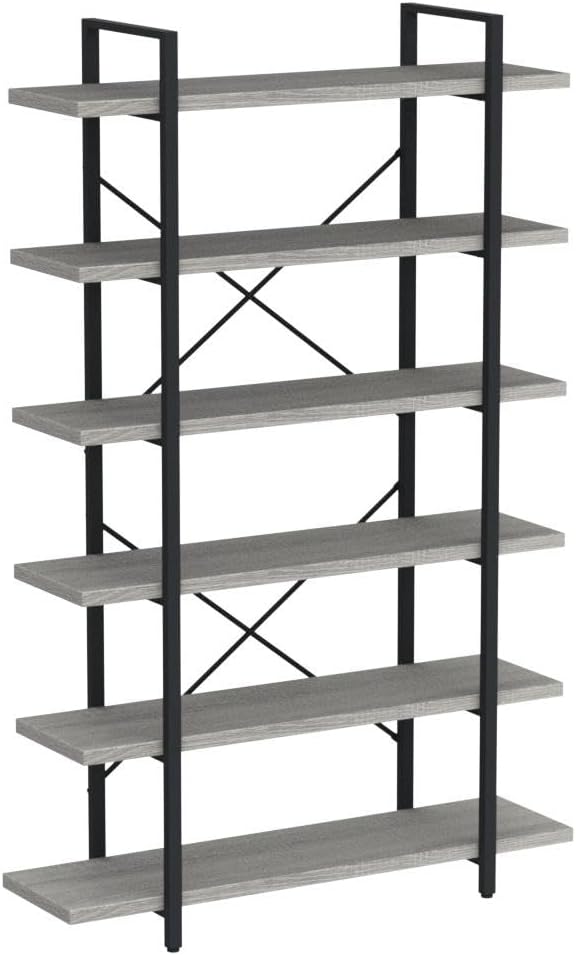 HSH 6 Tier Tall Bookshelf, Metal Wood Vertical Display Book Shelf, Industrial 6 - Image 4