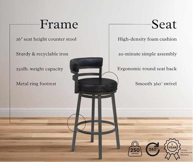 Armen Living Madrid 26" Counter Height Swivel Barstool in Ford Black Faux - Image 4