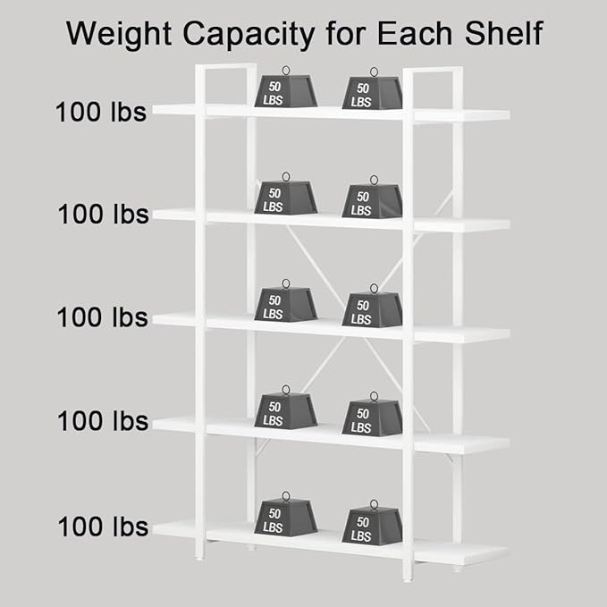 HSH 5 Tier Tall White Bookshelf, Metal and Wood Storage Book Shelves - Image 8