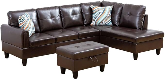 Brown L-Shaped 3-Piece Faux Leather Sofa - Image 7