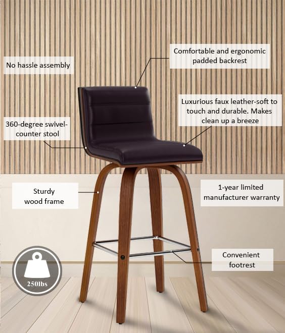 Armen Living Vienna 26" Swivel Counter Stool in Walnut Wood Finish - Image 13