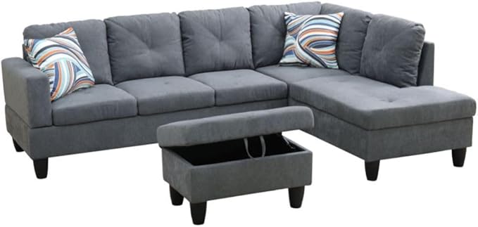 Dark Grey L-Shaped 3-Piece Flannelette Sofa by Unknown