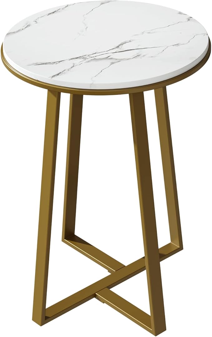 Round End Tables, Small Side Table White Marble Texture MDF Top, Metal Frame - Image 8
