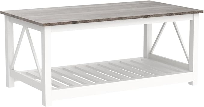 Farmhouse Coffee Table, 2-Tier Rectangular Wooden Centre Cocktail Table - Image 5