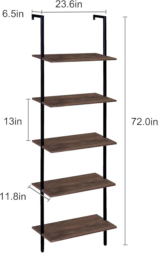 5 Tiers Ladder Shelf Brown Modern Bookshelf Open Tall Wall Mount Bookcase - Image 3