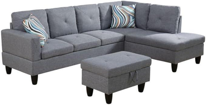 Grey L-Shaped 3-Piece Linen Sofa by Unknown