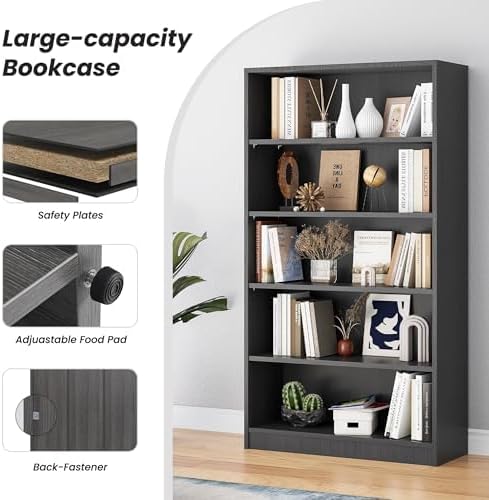 Bookshelf, 5 Wooden Book Shelf Bookcase - Image 6