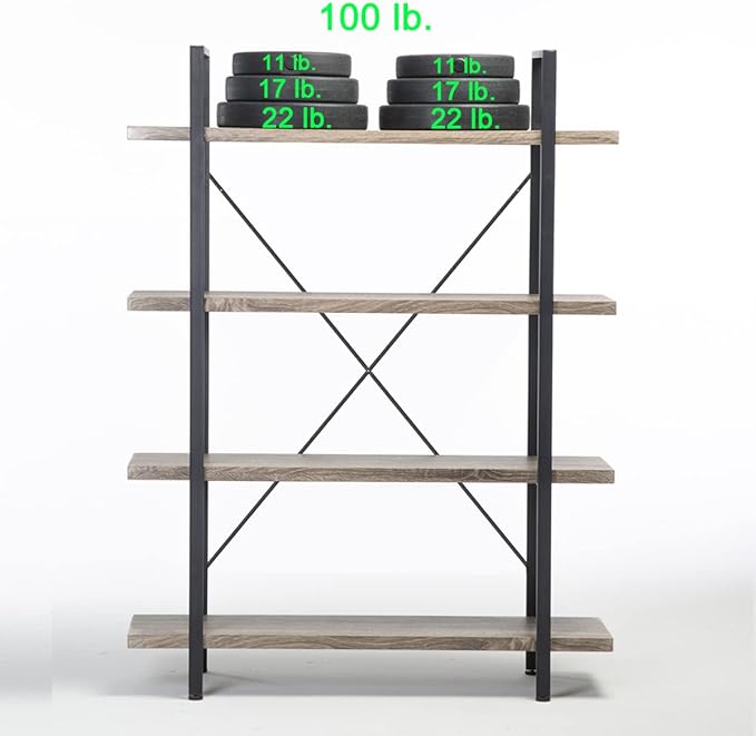 HSH 4-Shelf Vintage Industrial Bookshelf, Rustic Gray Wood and Metal 4 Tier - Image 6