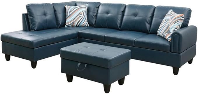Denim L-Shaped 3-Piece Faux Leather Sofa - Image 8