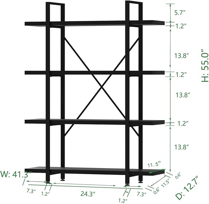 HSH 4 Tier Black Bookshelf, Industrial Metal Wood Storage Book Shelves - Image 7