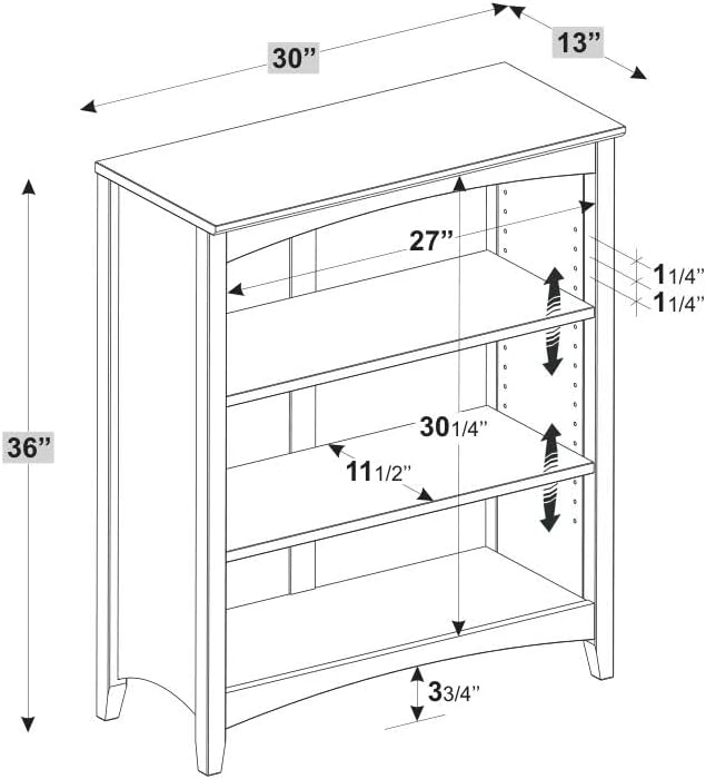 Shaker Style 3 Shelf Bookcase / Solid Wood / 36" High / Adjustable Shelving / - Image 3