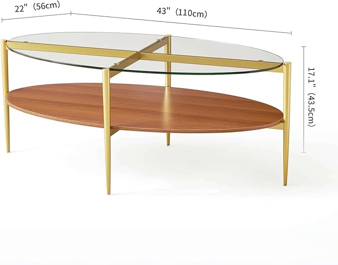 Oval Glass Coffee Table, Mid-Century Modern Design, L43 x W22 x H17 inch - Image 2