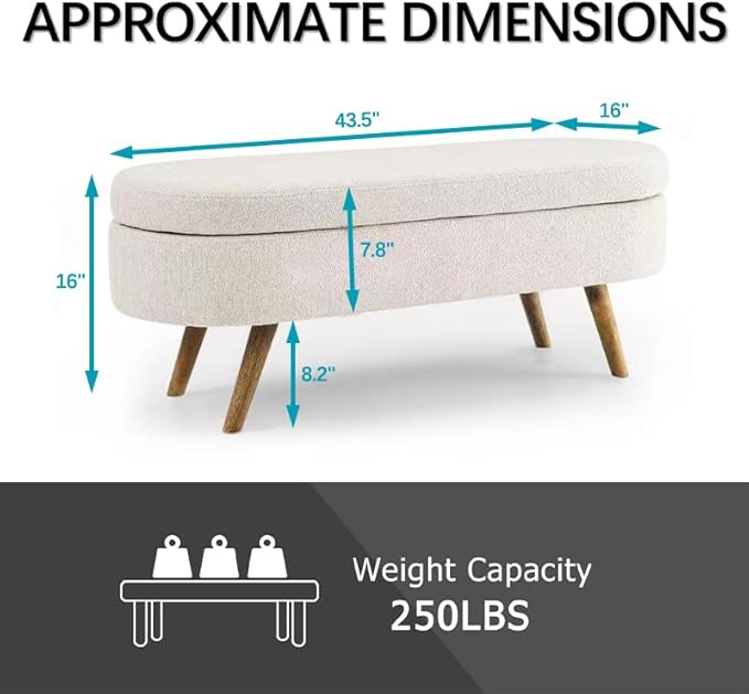 Oval Storage Bench 43.5" Linen Fabric Upholstered Entryway Bench - Image 2