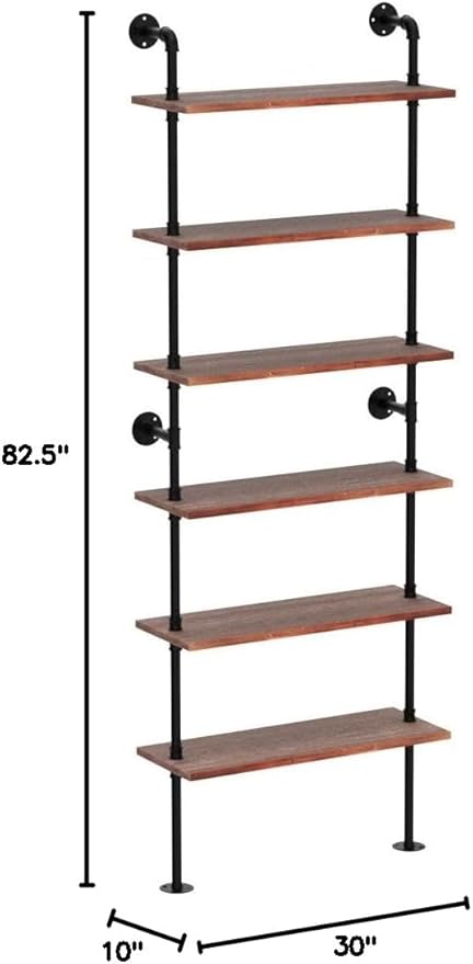 Pipe Industrial Shelves, Wall Mounted Wood Metal Ladder Rustic Bookshelf - Image 2