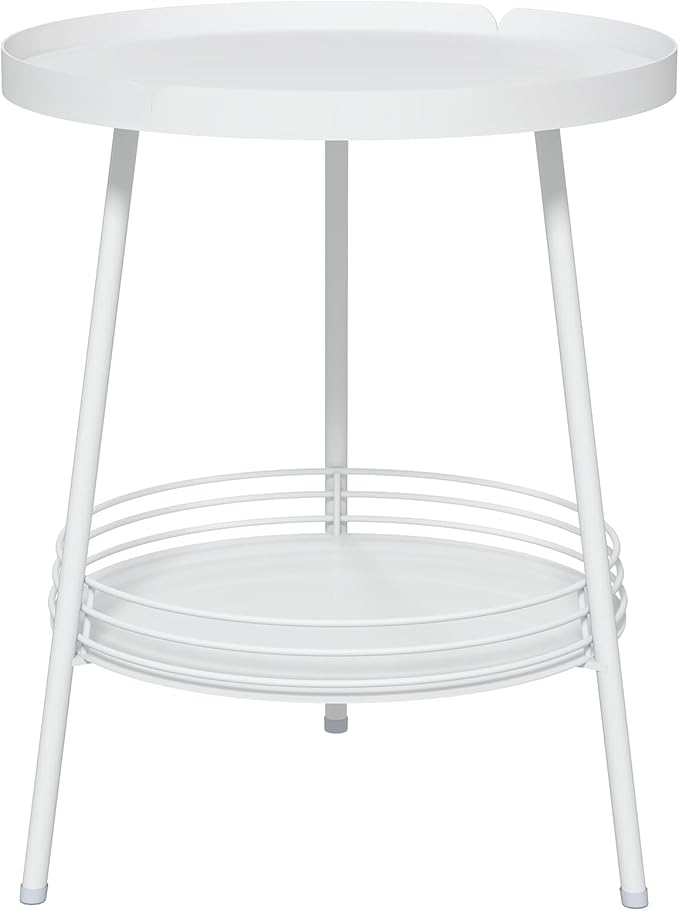 Benkyo 2 Tier White Metal Round Side Table Tiered Two Shelf Storage Coffee Sofa - Image 8