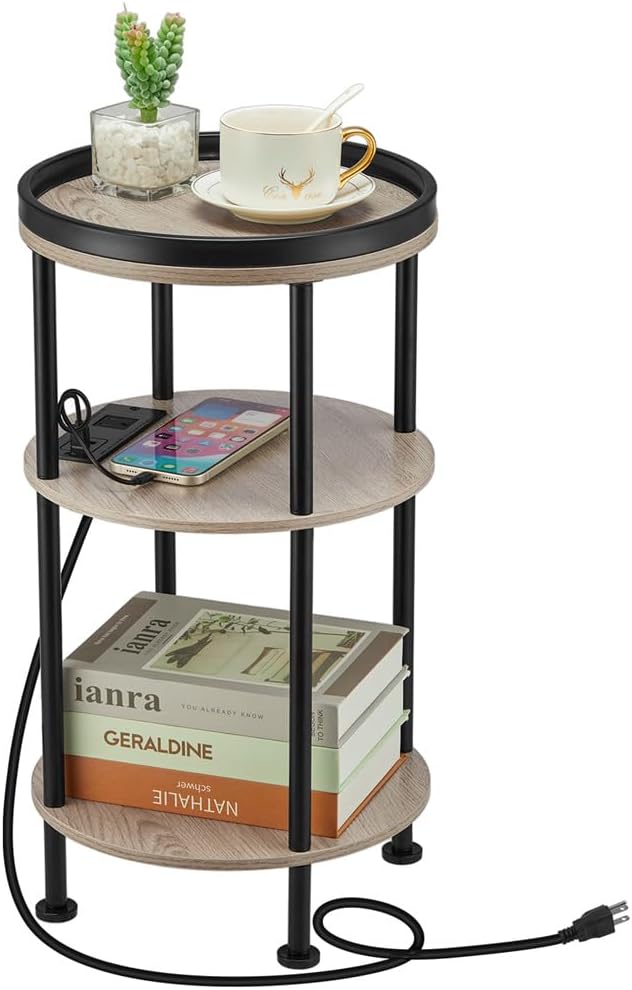 Small Round Side Table with Charging Station by Zexvida