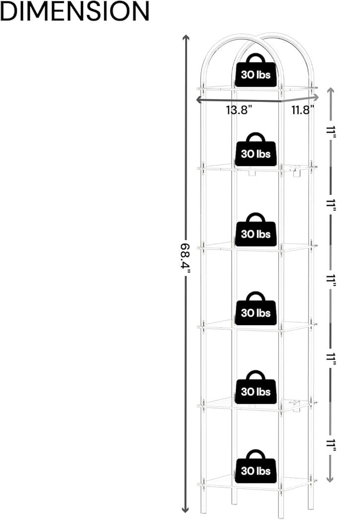 6-Tier Tall Acrylic Arched Bookcase, 13.8''W x 11.8''D x 68.4''H, Open Book - Image 3