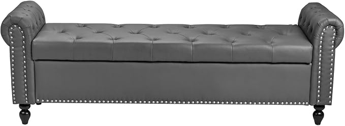 VEVOR Button-Tufted Storage Ottoman Bench, Rolled Arm PU Leather Bench - Image 9