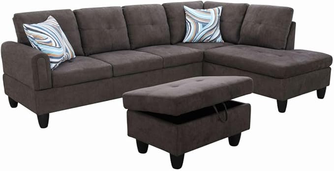 Dark Brown L-Shaped 3-Piece Flannel Sofa - Image 8