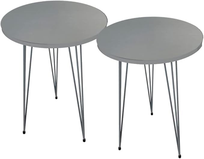 PAK HOME - Set of 2 End Table - High Gloss Grey Wood Round Sofa Side Coffee - Image 8