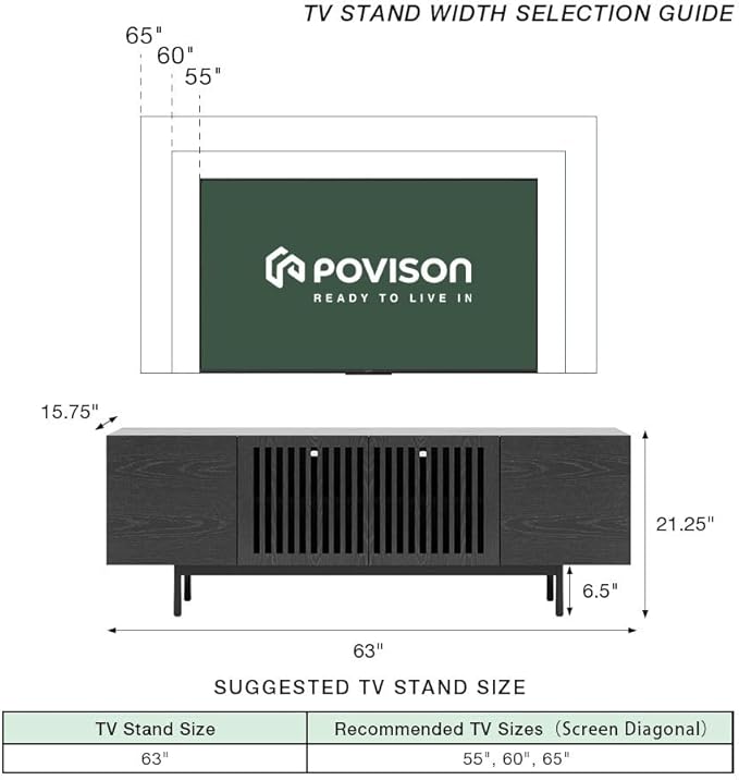 POVISON Fully-Assembled Mid Century Modern Sintered Stone TV Stand, Slatted - Image 3