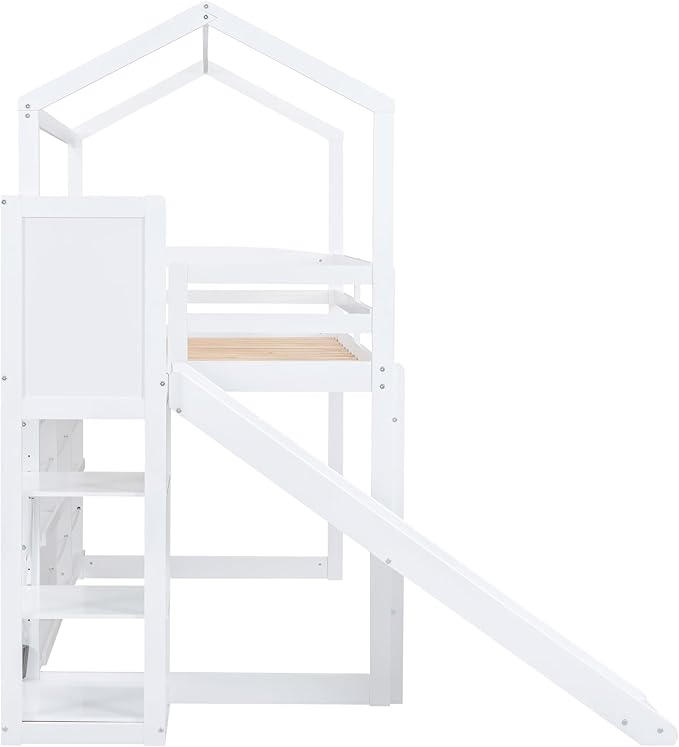 Twin Size House Loft Bed with Slide, Storage Shelves and Light, Wood Kids Bed - Image 8