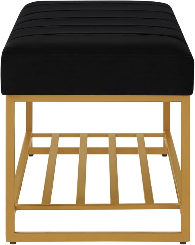 24KF Black Velvet Upholstered End of Bed Bench - Image 5