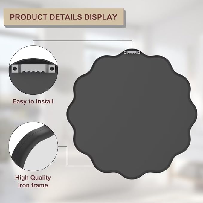 PROHOMEWARE Black Round Mirror 20 Inch Wavy Bathroom Vanity Mirror Black Frame - Image 4