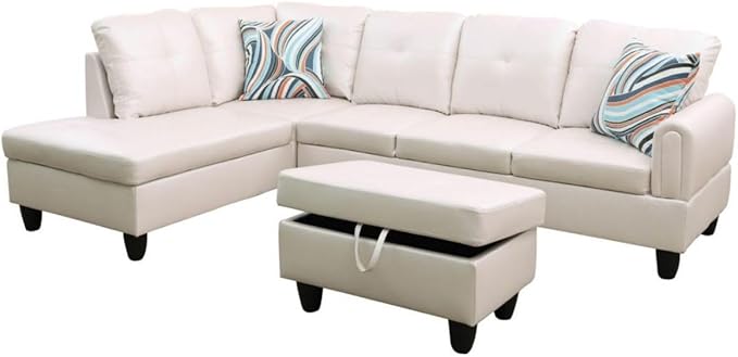 Pearl White L-Shaped 3-Piece Faux Leather Sofa - Image 8