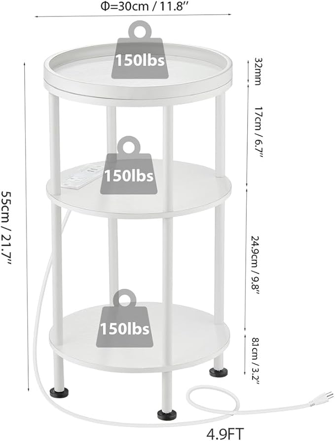 Small Round End Table with Charging Station, 3-Tier Accent Couch Beside Table - Image 3