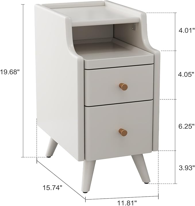 Small Nightstand with Drawers, Solid Wood Bedside Table, Narrow Walnut - Image 2